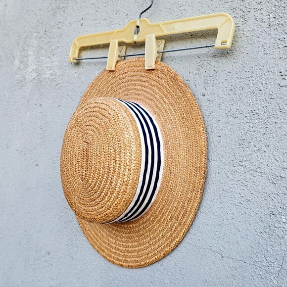 Vintage Laura Ashley Straw Boater Hat Made In Great Britain Navy Ribbon NWOT - Picture 4 of 8